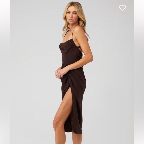 Amanda Uprichard Jasalina Brown Asymmetrical Ruched Midi Dress strappy Revolve L - Picture 2 of 9